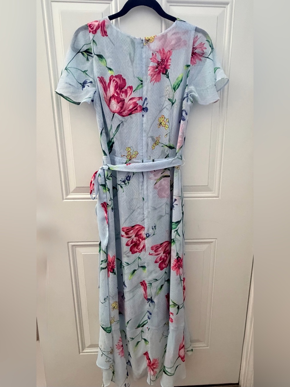 White House Black Market Light Blue Ruffle Floral High-Low Wrap Dress - Picture 4 of 15